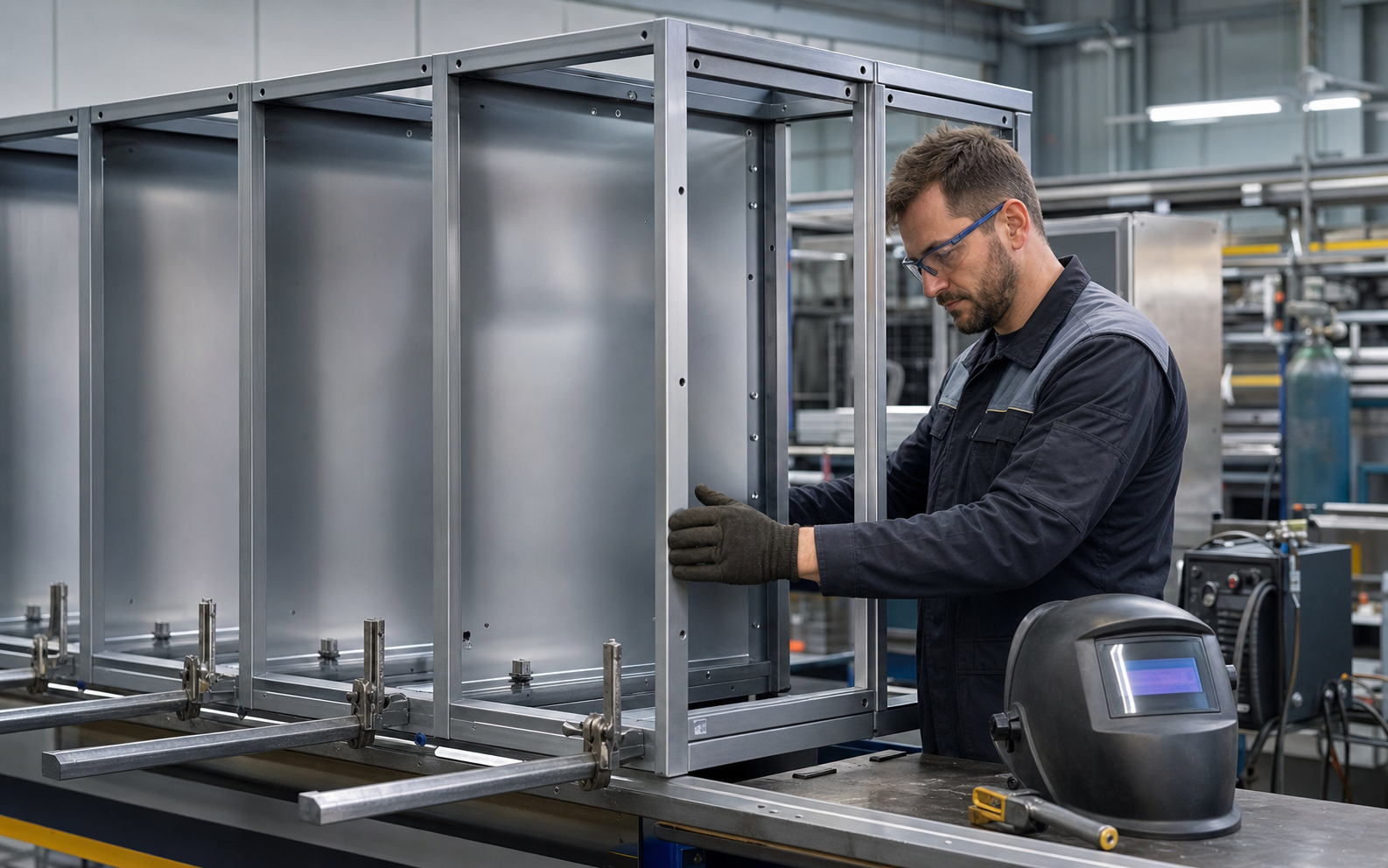 Serralheiro fabricando estrutura metálica para armário inteligente